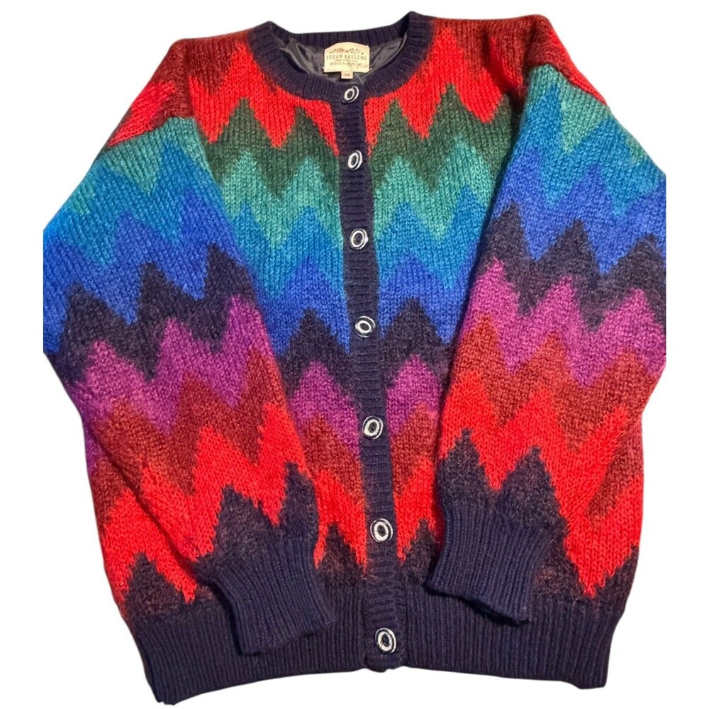 Vintage Susan Bristol Mohair Wool Cardigan Womens Medium Multicolor 90s Zigzag